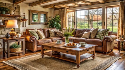 Fototapeta premium Cozy country cottage living room with plush Sofa, rustic wooden coffee table, and vintage decor in warm earthy tones.