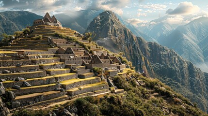An ancient Incan citadel perched on a mountain ridge, its stone terraces and temples blending harmoniously with the rugged landscape.
