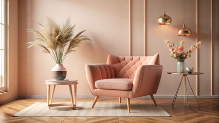 Soft peach fuzz hues envelop a sleek modern interior, featuring a plush pink armchair, elegant vase, and minimalist decor.