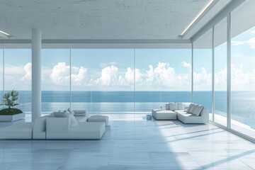 Architecture of white double space living room minimal style with twin sofa and furniture on laminate floor 