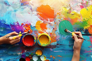 Close-up view of hands painting with vivid colors in an art therapy session. The image showcases a dynamic and colorful studio environment, emphasizing creative expression and the therapeutic process.