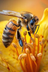 Naklejka premium A diligent honeybee at work, closeup on a vibrant yellow flower