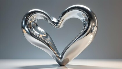 Modern abstract 3d render chrome metal reflecting heart shaped object on a gray gradient background. High quality 3d illustration