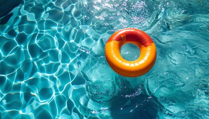 Colorful pool float in clear blue water, overhead shot, summer day