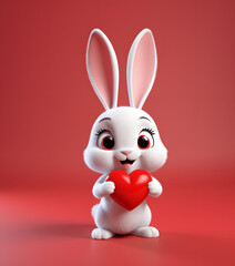 Obraz premium 3D render illustration cute rabbit cub wear red wool suit and hold heart shaped object