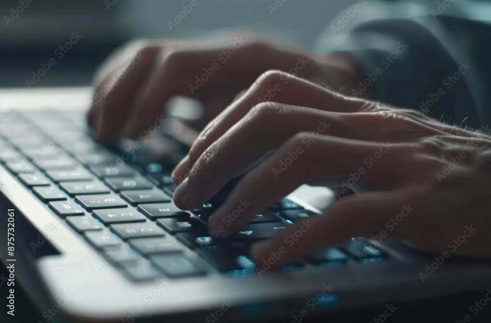Poster closeup image of hands typing on a laptop keyboard with ambient lighting, illustrating computer work