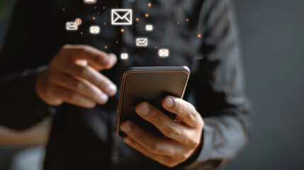 Businessman using Smart Phone with the email, call phone, address, Chat message icons, hotline, concept of using internet technology to contact customers.