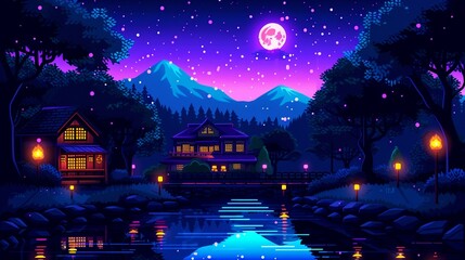 Obraz premium A lively street festival with food stalls and musicians, pixel art, bright colors and dynamic scenes, 8bit, cheerful and bustling