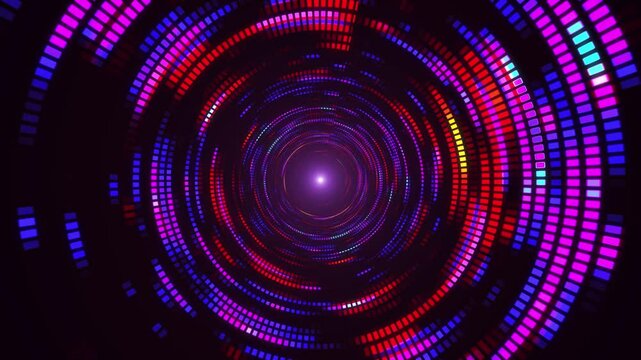 Bright colorful spiral. Colorful dotted spiral swirl circles. Green, yellow, blue, light blue and pink swirl pattern of round shaped dots. Glowing tunnel background, space landscape. Mosaic grunge par