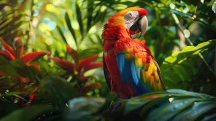 Obraz premium In the lush depths of the tropical jungle, a majestic macaw proudly perches amidst a canopy of vibrant foliage.