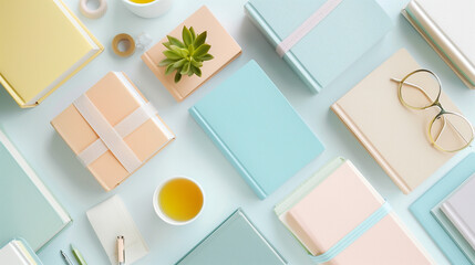 set of colorful books, A background with arranged books and notes, stationery background suitable for students or professionals