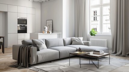 Fototapeta premium Minimalist living room with a small grey sofa and a simple coffee table, serene light grey and white color scheme