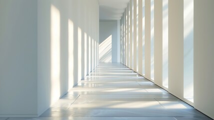 Obraz premium Minimalist white hallway with sunlight casting dramatic shadows, simple and elegant architectural design