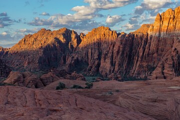 Rocky landscape and mountain range at sunrise at Snow Canyon, Ivins, Utah, United States of America.