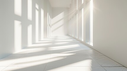 Obraz premium Minimalist white hallway with sunlight casting dramatic shadows, simple and elegant architectural design