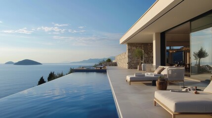 Fototapeta premium Modern outdoor terrace with an infinity pool overlooking the sea, luxurious and open, blending indoor and outdoor living