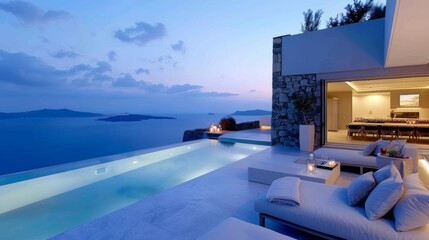 Fototapeta premium Modern outdoor terrace with an infinity pool overlooking the sea, luxurious and open, blending indoor and outdoor living