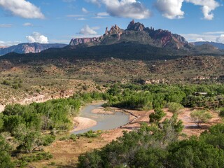 River, forest and mountains of Springdale at the entranceway to Zion National Park, Utah, United States of America.