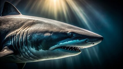 Naklejka premium Dark, mysterious, macro-etched scales of shark skin texture, precisely curved, illuminated by moody light, showcasing photorealistic, minimalist, eerie beauty.