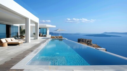 Fototapeta premium Modern outdoor terrace with an infinity pool overlooking the sea, luxurious and open, blending indoor and outdoor living