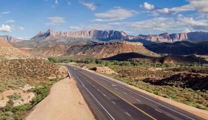Desert highway heading to Zion National Park. Grafton, Rockville, Utah, United States of America.