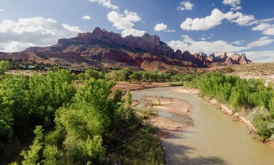 River, forest and mountains of Springdale at the entranceway to Zion National Park, Utah, United States of America.