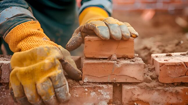 A bricklayer is wearing yellow gloves and is laying a brick on a wall.