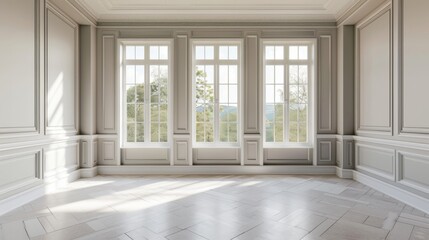 Fototapeta premium Spacious empty room with classic wainscoting and large windows, soft natural light filling the space, tranquil and elegant