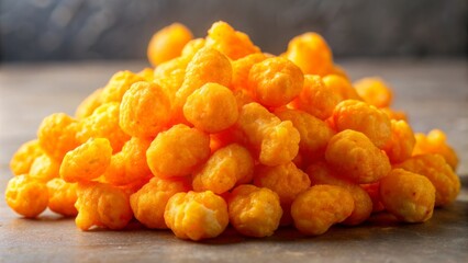 Vibrant orange-yellow crunchy textured close-up of a solitary cheese puff snack, isolated on a neutral background, invitingly lit.