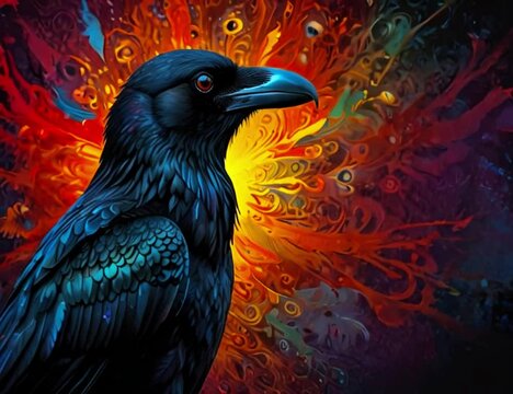 Majestic wise raven with abstract vibrant colorful floral pattern circular graffiti background generative AI
