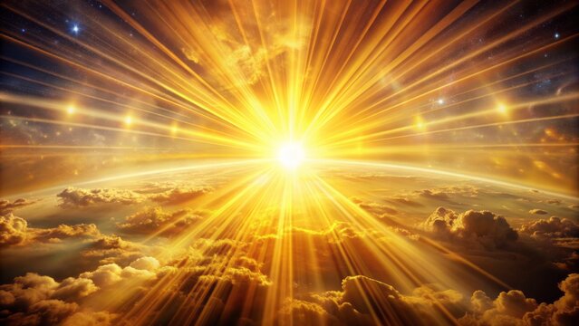Radiant golden light emanates from divine heavens, symbolizing truth, spiritual illumination, and God's love and grace, blessing the world.