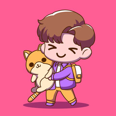 Illustration of a little boy holding his favorite cat and taking it for a walk