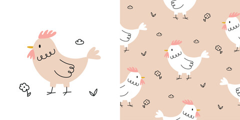 Pattern with cute chicken and doodle flowers