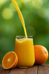 orange juice pouring into glass on table with green garden on the background