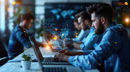 A man is working on a laptop in front of a group of people