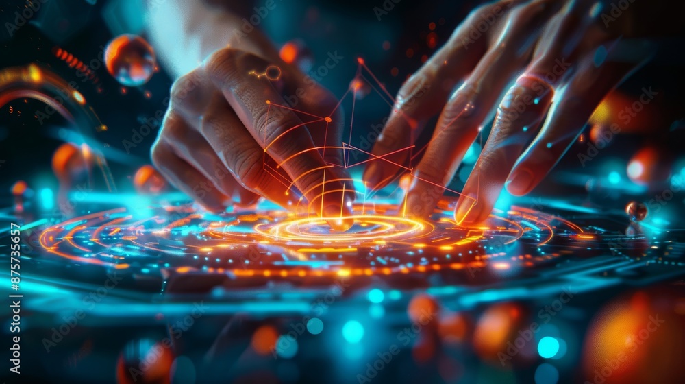 Poster hands interacting with a futuristic digital interface, depicting advanced technology and innovation 