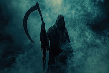 Obraz premium Grim reaper holding a scythe with dark, misty background with copyspace