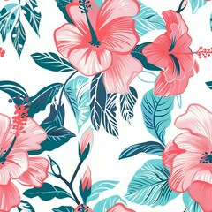 Retro Style Hibiscus Flower and Leaf Tropical Pattern
