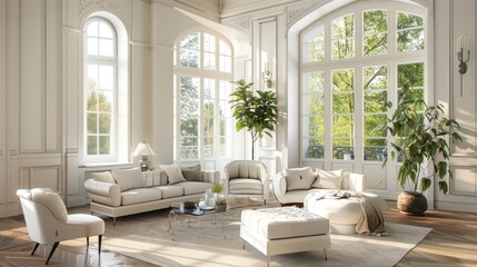 Elegant classic living room with large windows and luxurious white sofas, traditional paneling on walls, bright and airy