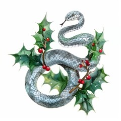 Obraz premium Snake and Holly on a white background. Design for wrapping paper, Happy New Year 2025.