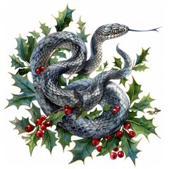 Naklejka premium Snake and Holly on a white background. Design for wrapping paper, Happy New Year 2025.
