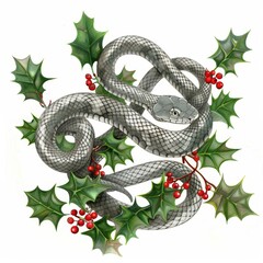 Obraz premium Snake and Holly on a white background. Design for wrapping paper, Happy New Year 2025.