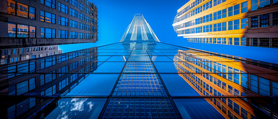 Modern glass skyscrapers reflecting blue sky, showcasing urban architecture and business district