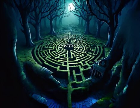 Person in labyrinth in a mysterious and horrific jungle, a maze in the woods, a magical maze in full moon night in a forest of dead trees generative AI