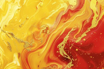 Abstract yellow and red marble liquid texture with gold splashes, luxury background.