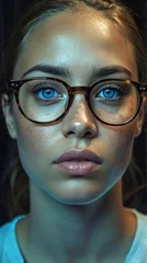 Extreme Close Up Young Woman Light Brown Hair Amazing Blue Eyes Freckles White T Shirt Black Background © William Harding