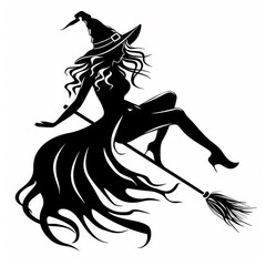 Silhouette witch flying on broomstick. Halloween vector