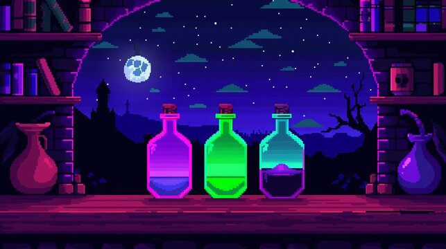 Witch s potion shop with glowing bottles, pixel art, green and purple, 8bit, magical and spooky