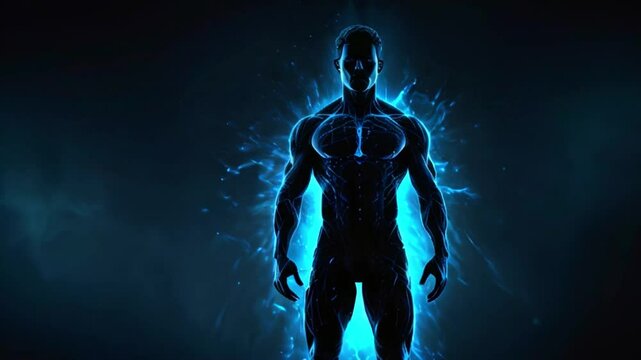 Silhouette of a bodybuilder person in blue light, a superhuman bodybuilder standing and neon light glowing from behind the back generative AI