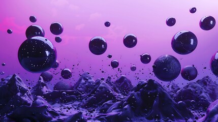Background purple large group of flying sculpted sphere stone